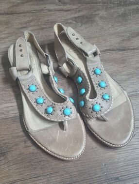 Latigo Tan Leather T-Strap Sandals with Turquoise Accents